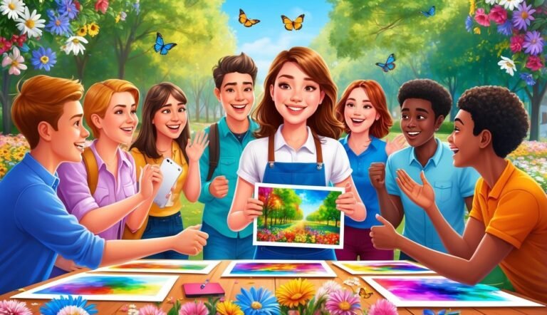 Group of friends admiring a painting of a colorful landscape outdoors