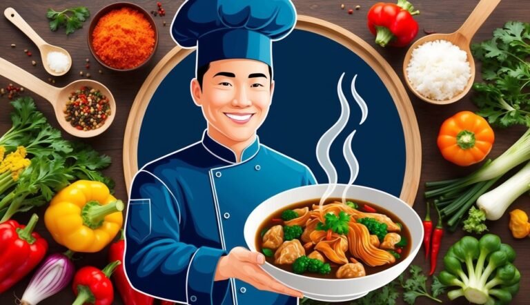 Smiling chef holding a bowl of steaming noodles surrounded by ingredients