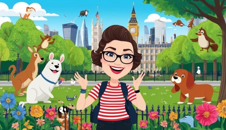 Cartoon woman with dogs and animals in front of London landmarks