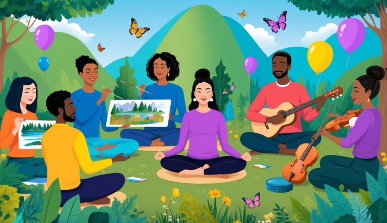 Group of diverse people enjoying art, music, and meditation outdoors