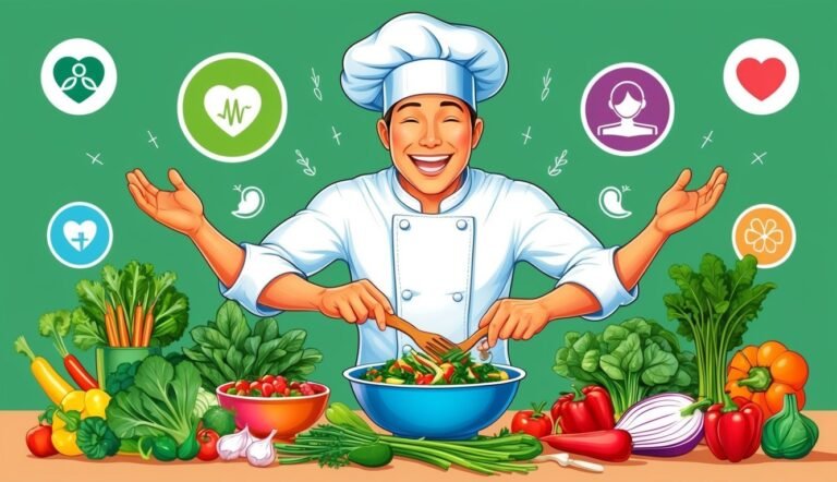 Smiling chef preparing a healthy salad with fresh vegetables and icons