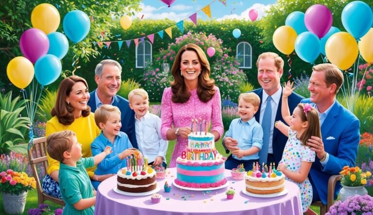 Kate Middleton celebrates a birthday with family, cakes, and balloons outdoors
