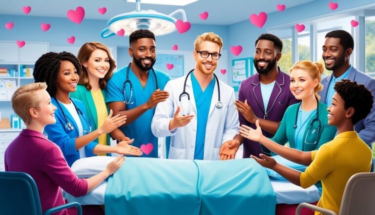 Smiling medical team around a hospital bed with pink hearts floating