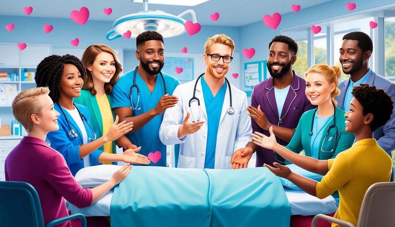 Smiling medical team around a hospital bed with pink hearts floating