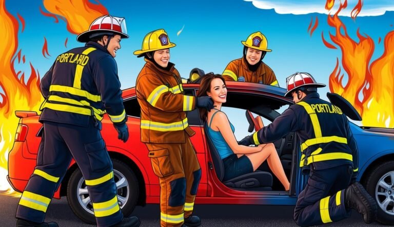 Firefighters rescuing a woman from a burning car, Portland, Oregon