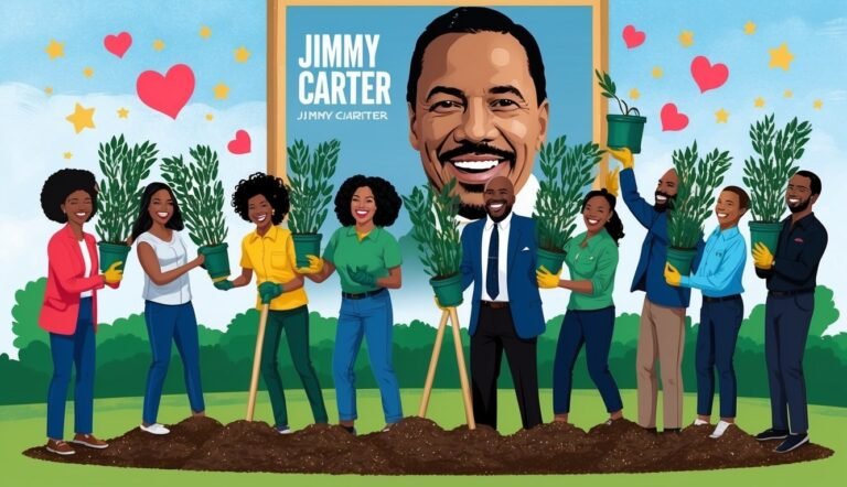 Illustration of people planting trees with Jimmy Carter's portrait in the background