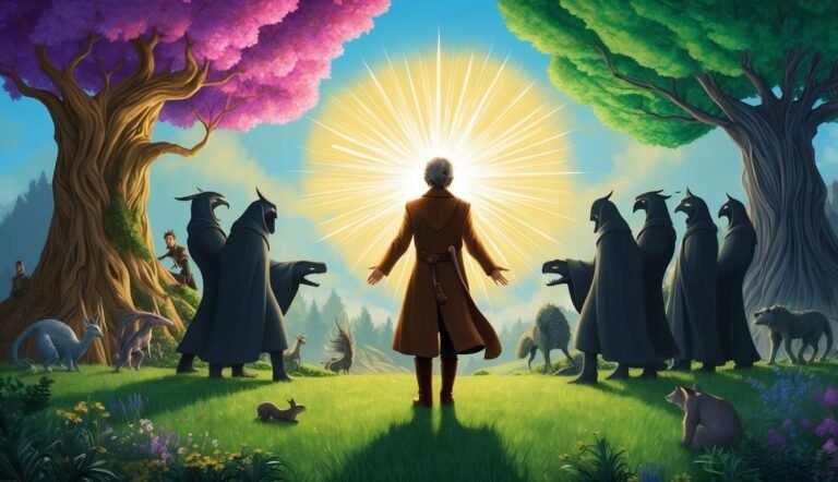 Man in brown coat facing bright light, surrounded by hooded figures and creatures