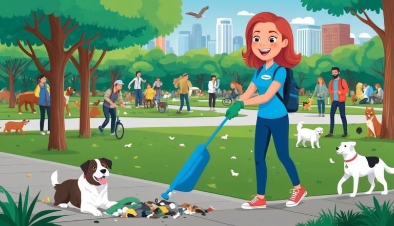 Woman cleaning up dog waste in a park with many people and dogs