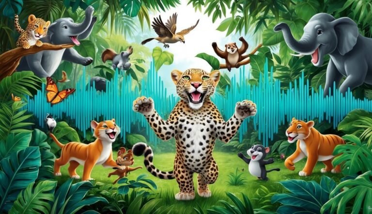 Cartoon leopard with other jungle animals in a lush green forest