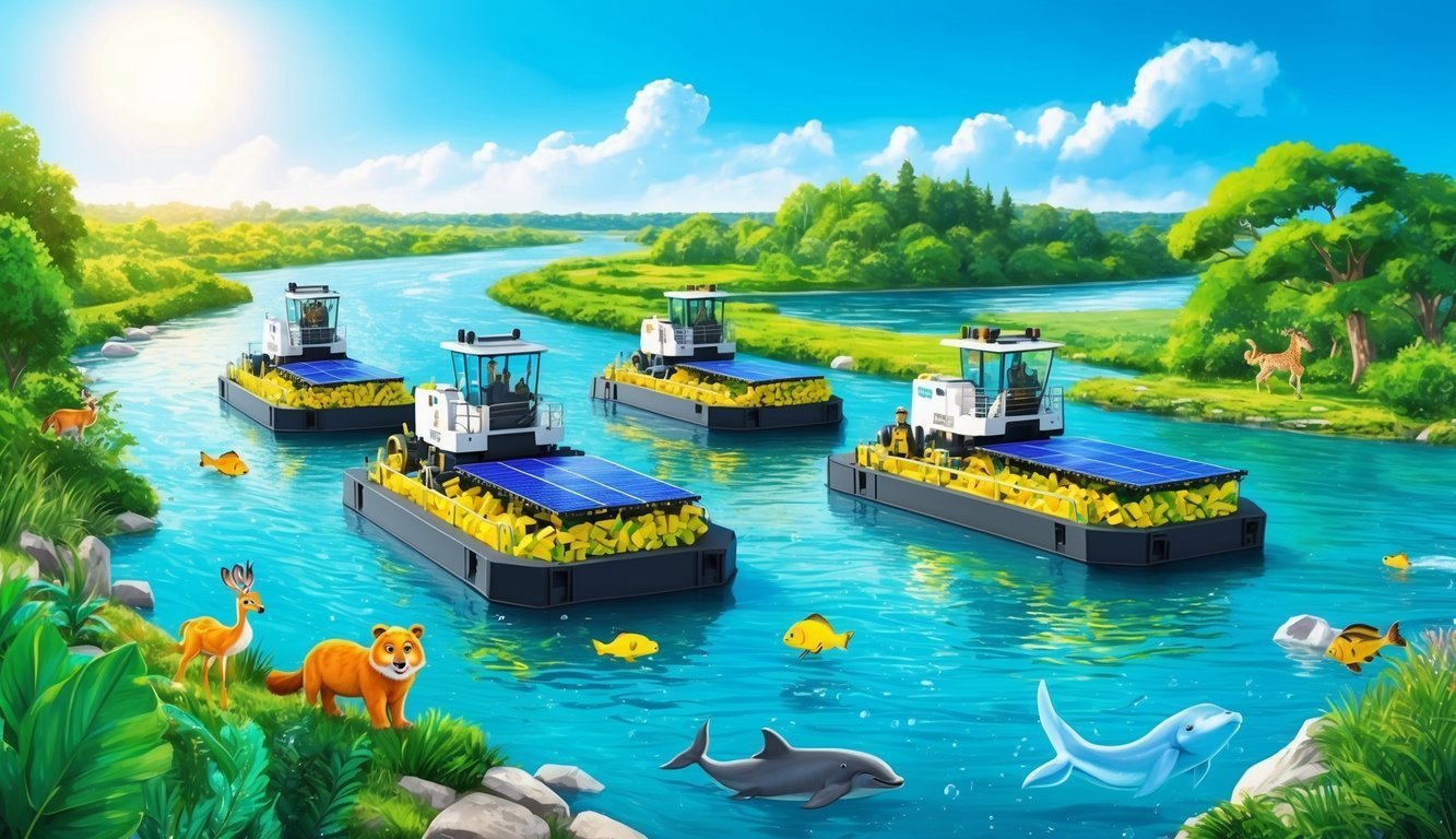 Solar-powered boats on a river with wildlife and cartoonish animals
