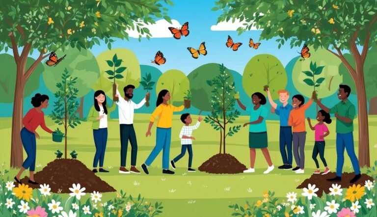 Diverse group planting trees in a park with butterflies flying around