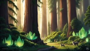Lush forest scene with giant trees, glowing plants, and forest animals