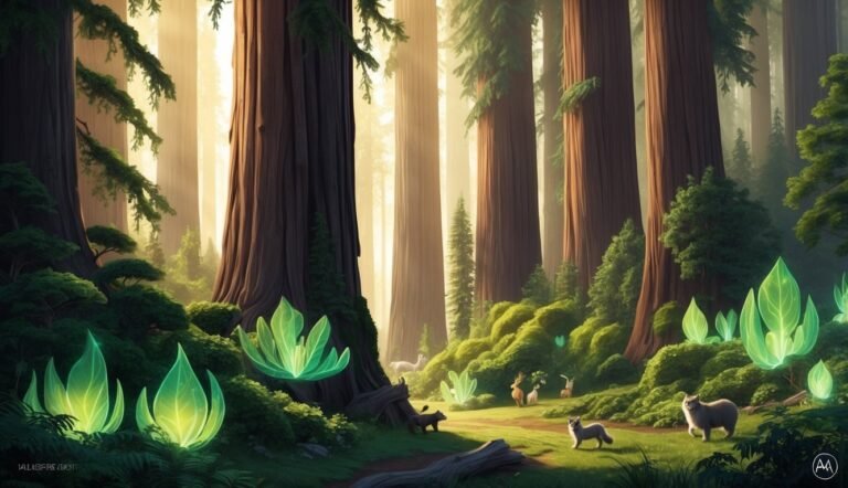 Lush forest scene with giant trees, glowing plants, and forest animals
