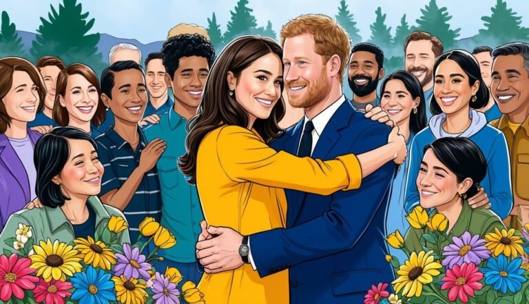 Cartoon of Prince Harry and Meghan Markle hugging, surrounded by people