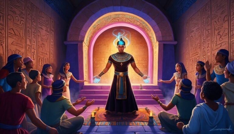 An Egyptian priest with glowing hands surrounded by people in a temple