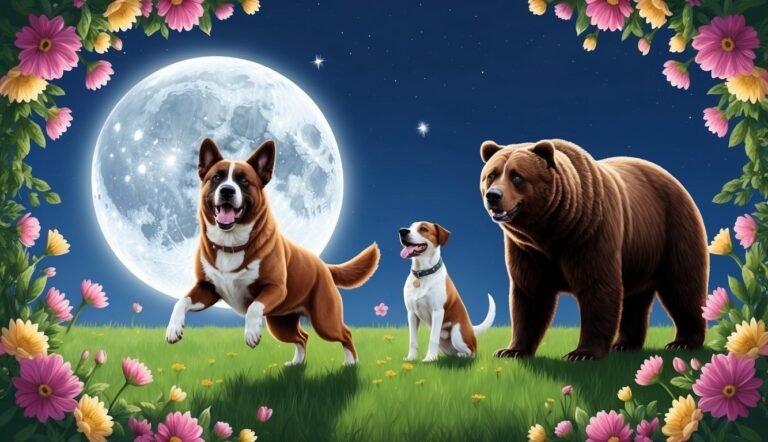 Two dogs and a bear under a full moon, surrounded by flowers