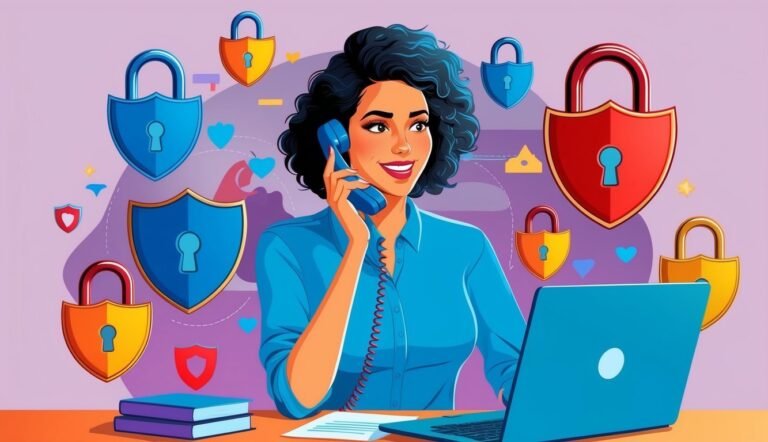 Woman on phone with locks and shields, representing security