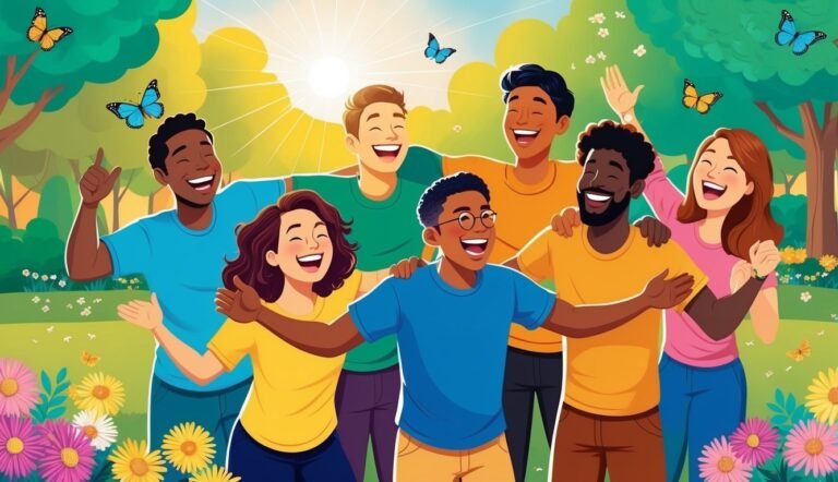 Group of diverse friends laughing and embracing in a sunny park with butterflies