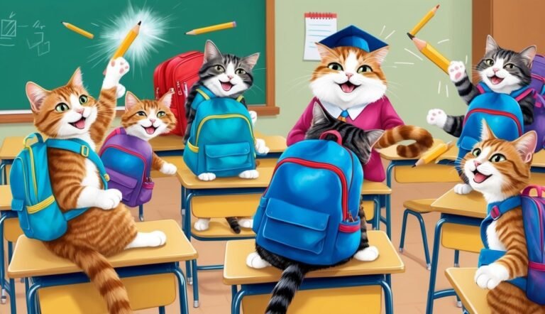 Cats in a classroom with backpacks and pencils, ready for school