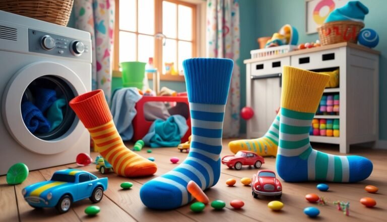 Three colorful socks, toys, and a washing machine in a child's room