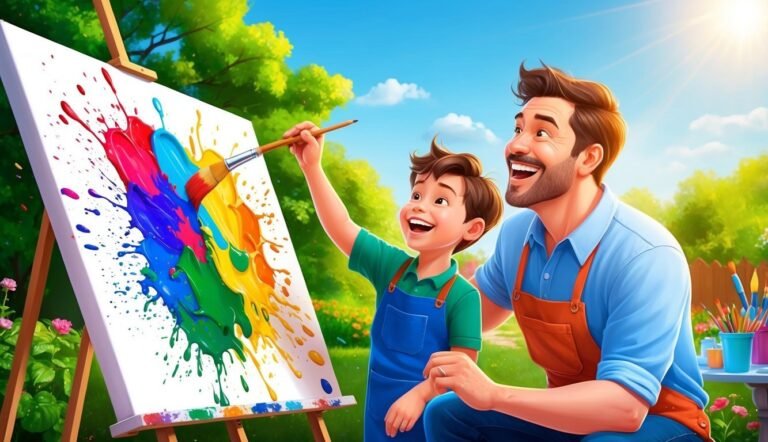 Father and son painting colorful art on a canvas outdoors, smiling