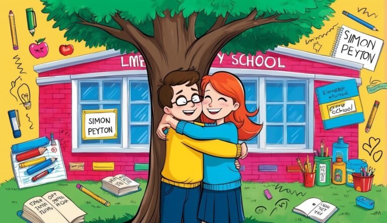 Two students hugging in front of a school with school supplies scattered around