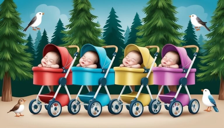 Four babies sleeping in colorful strollers with birds in a forest