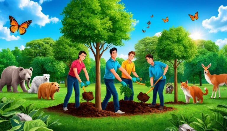 Four people planting a tree in a park with animals and butterflies