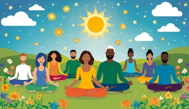 Diverse group of people meditating in a sunny field with flowers