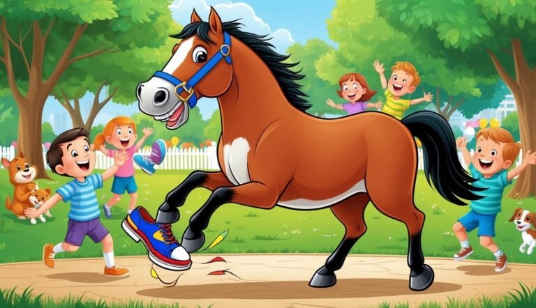 Cartoon horse kicking a shoe with children and dogs in a park