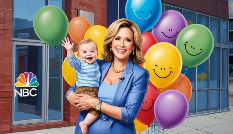 Woman holding a baby with balloons, NBC logo in the background