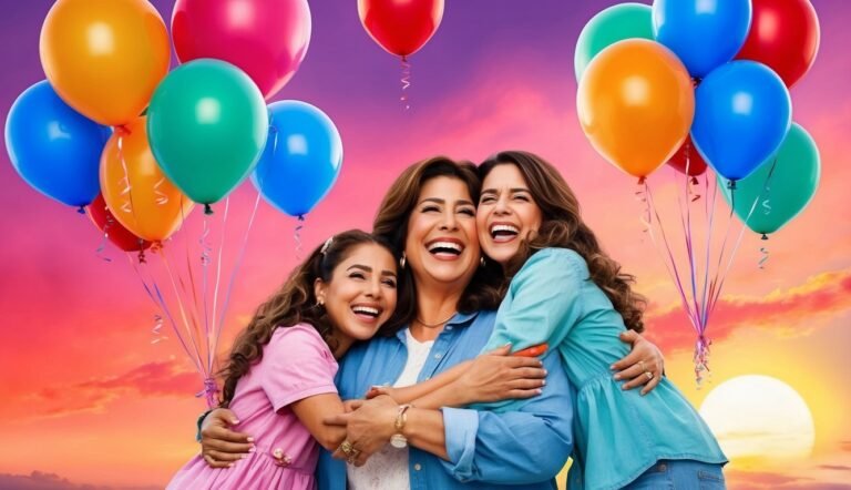 Three smiling women hugging, surrounded by colorful balloons, sunset background
