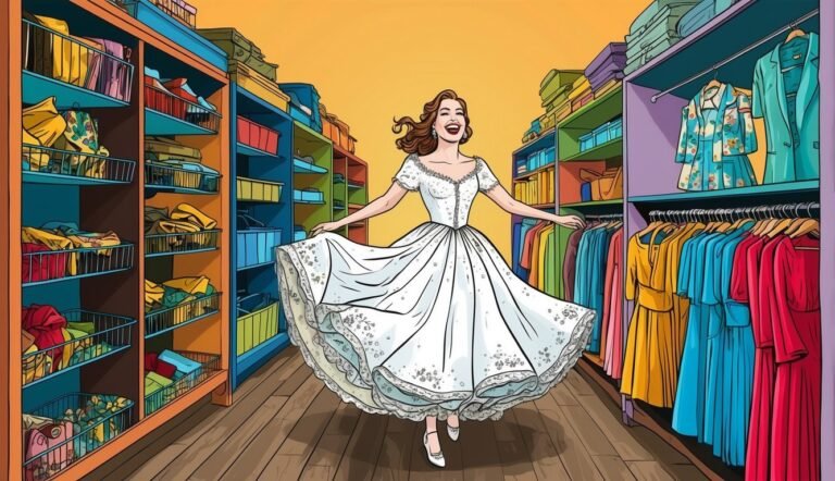 Woman in a white dress smiles in a colorful clothing store