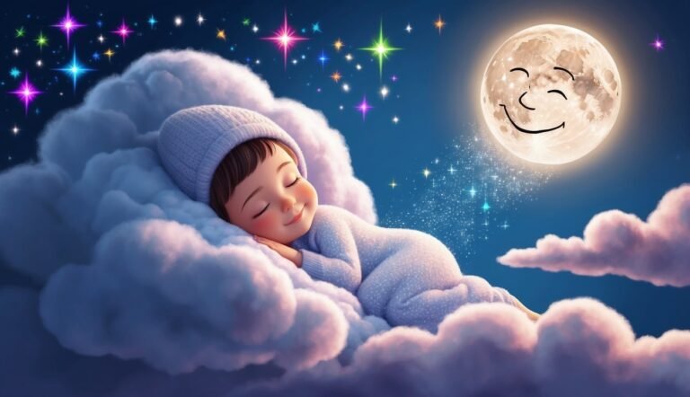 Sleeping child on clouds with smiling moon and stars in the night sky