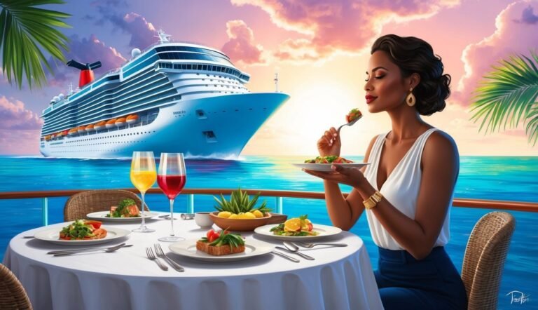 Woman eating on a cruise ship deck with food, drinks, and ocean view