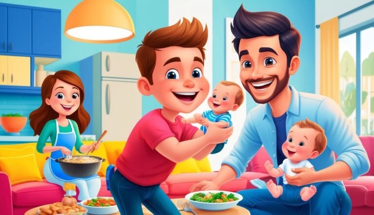 Family of five smiling around a table with food and babies