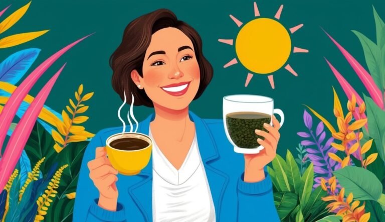 Smiling woman holding two cups of coffee with a sun in the background