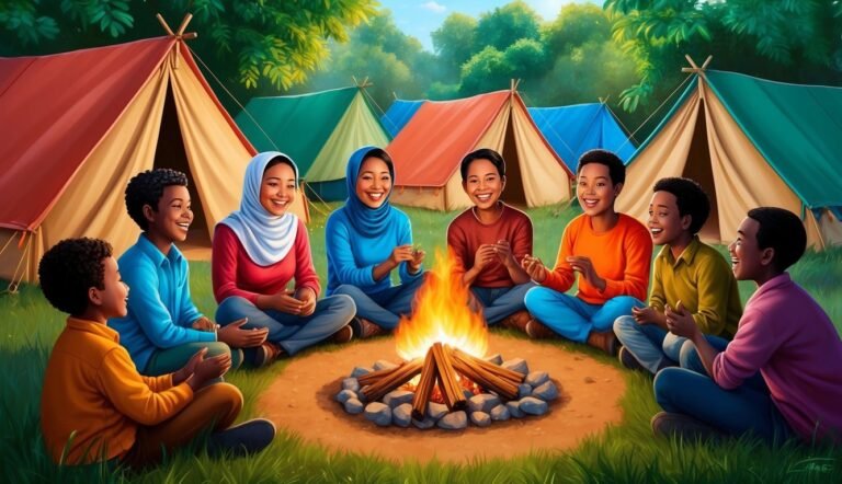 Group of children around a campfire at a campsite, smiling and laughing