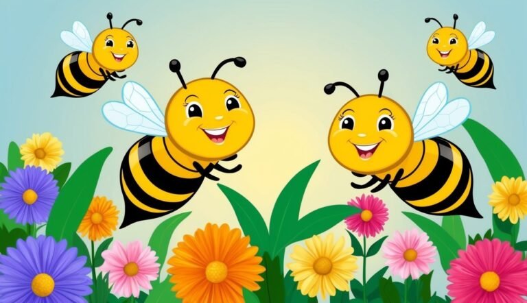 Cartoon bees flying above colorful flowers against a blue background