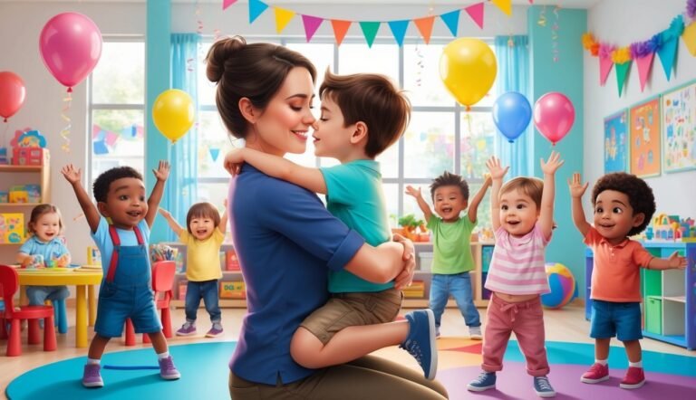 Teacher hugging a child in a classroom with other excited children and balloons