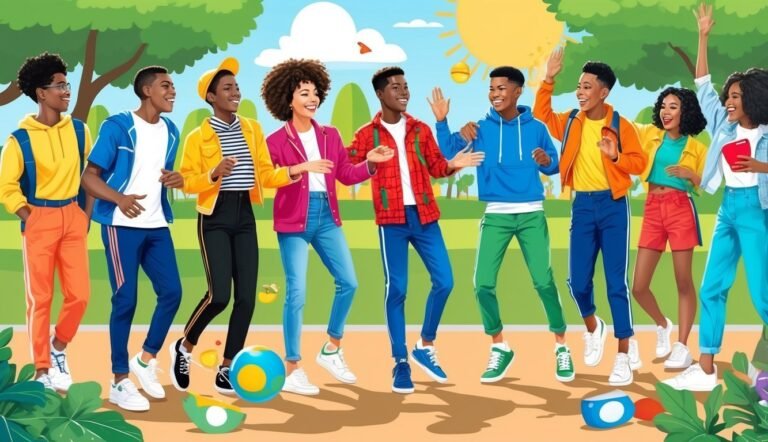 Group of diverse young people smiling and walking in a park