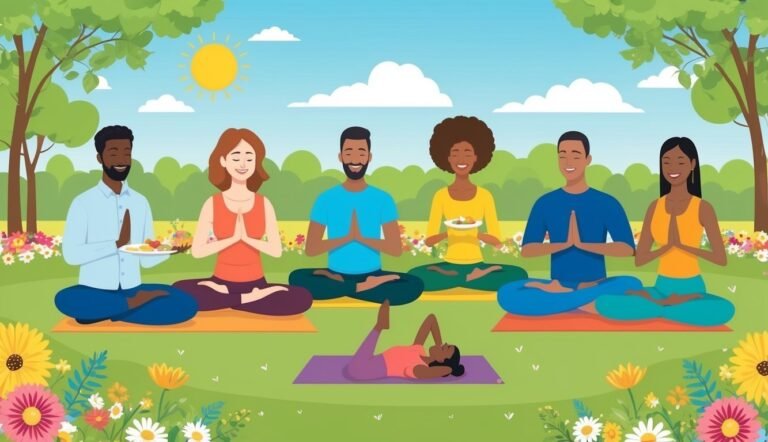 Group of people doing yoga outdoors, some with food