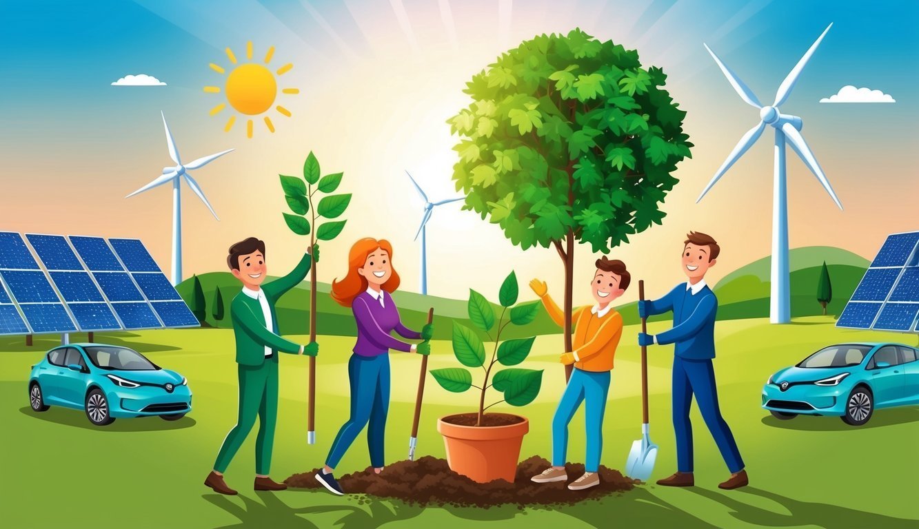 People planting a tree with solar panels, wind turbines, and electric cars