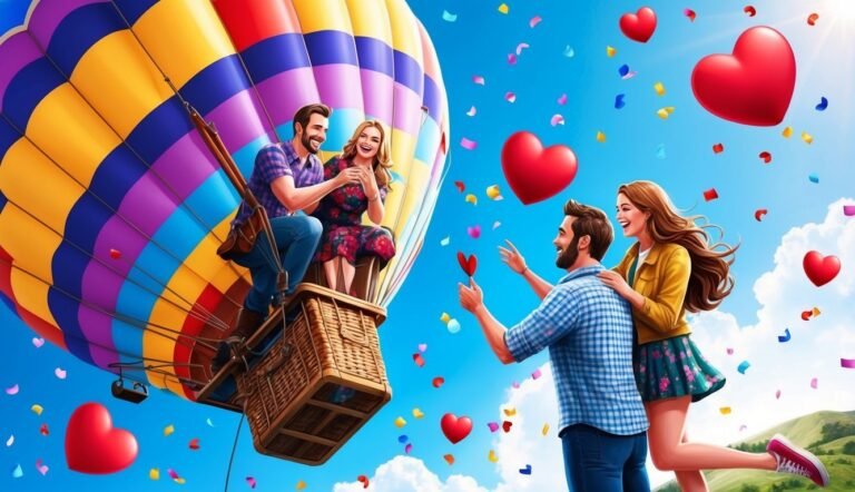 Couple in hot air balloon with another couple and hearts