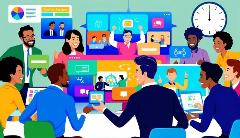 Diverse group of people in a virtual meeting with laptops and screens