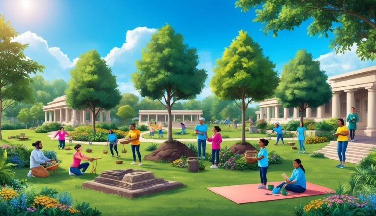 People gardening in a park with classical buildings and lush greenery