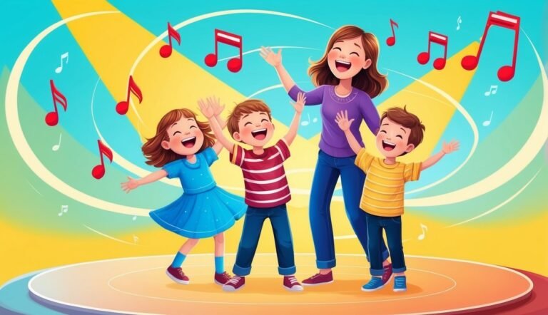 A teacher and three children singing and dancing with musical notes