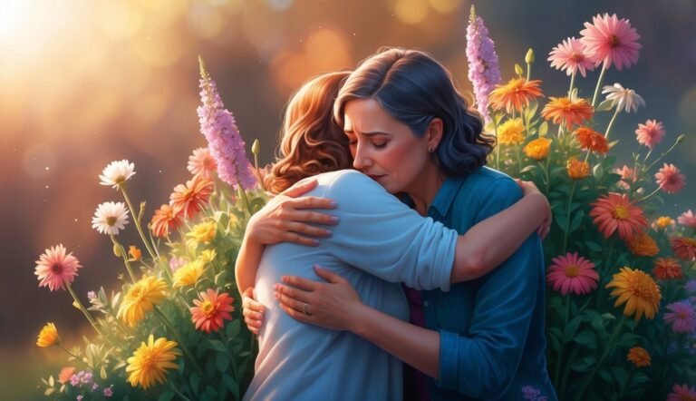 Two women embrace in a flower garden, showing comfort and support