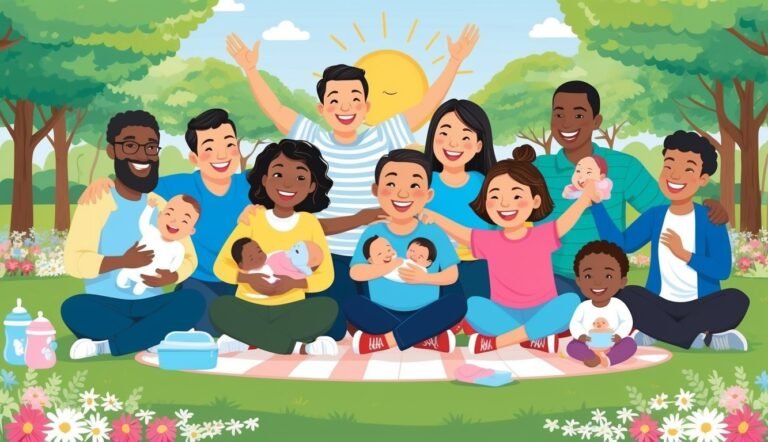 Diverse group of parents and children smiling on a picnic blanket