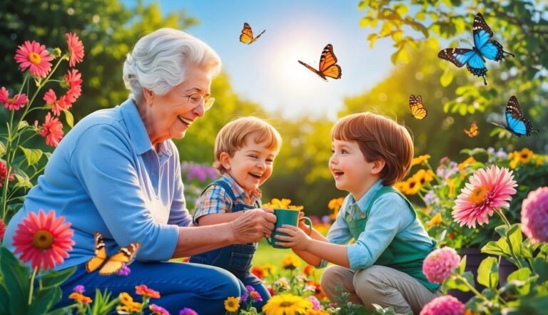 Grandmother and two children in a flower garden with butterflies